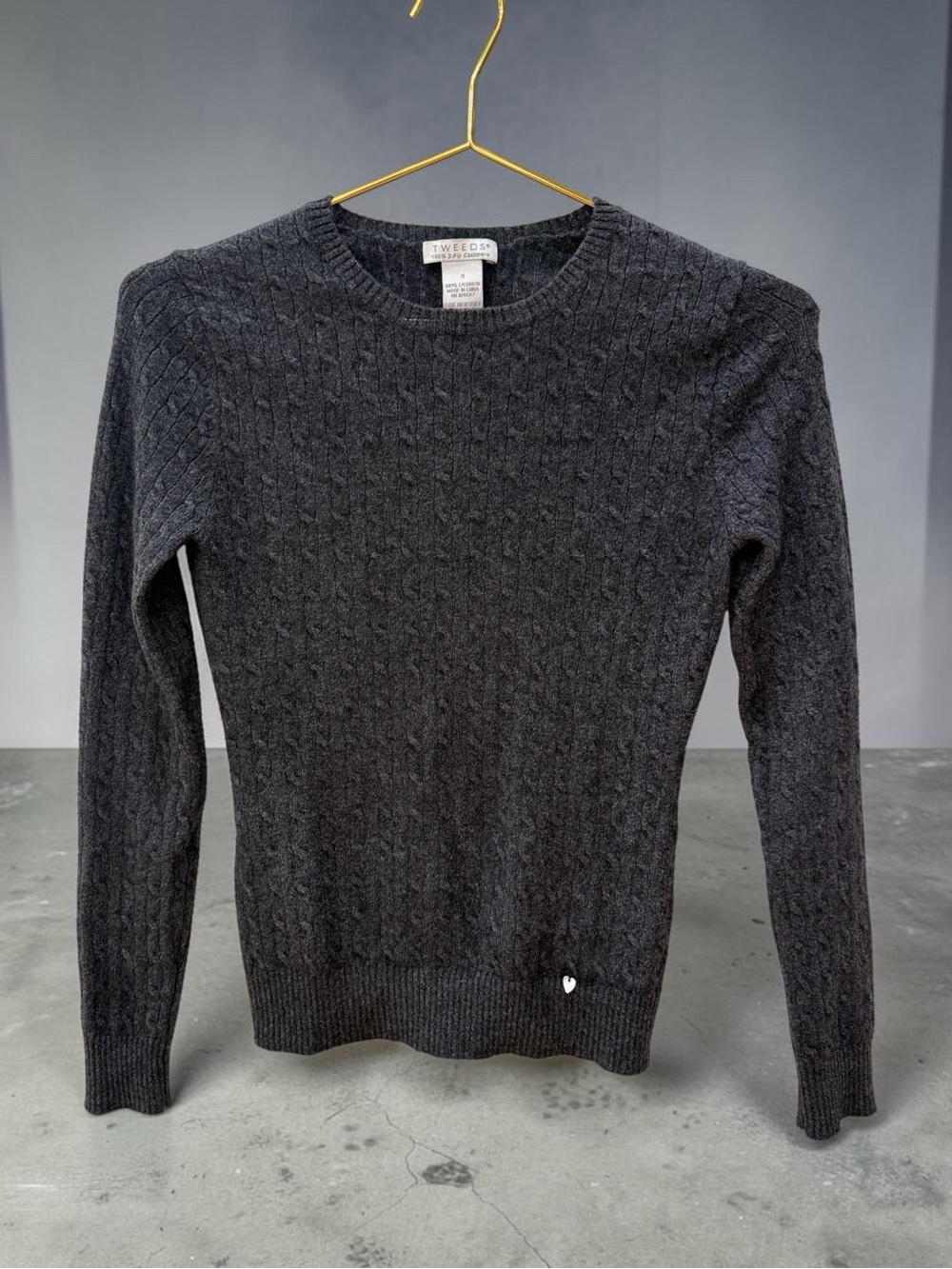 Vintage Tweeds 100% Cashmere Cable Knit Crewneck Sweater Gray S 2-Ply Luxury